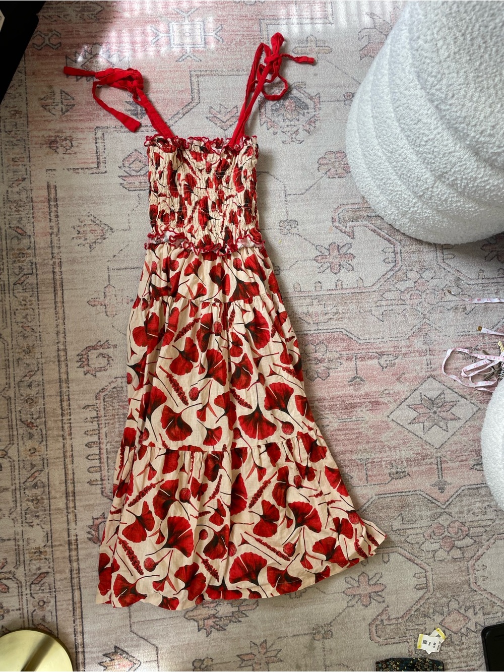 En Saison Joise Gingko Leaf Print Tiered Midi Sundress Vacation Tropical Women S - Picture 3 of 6